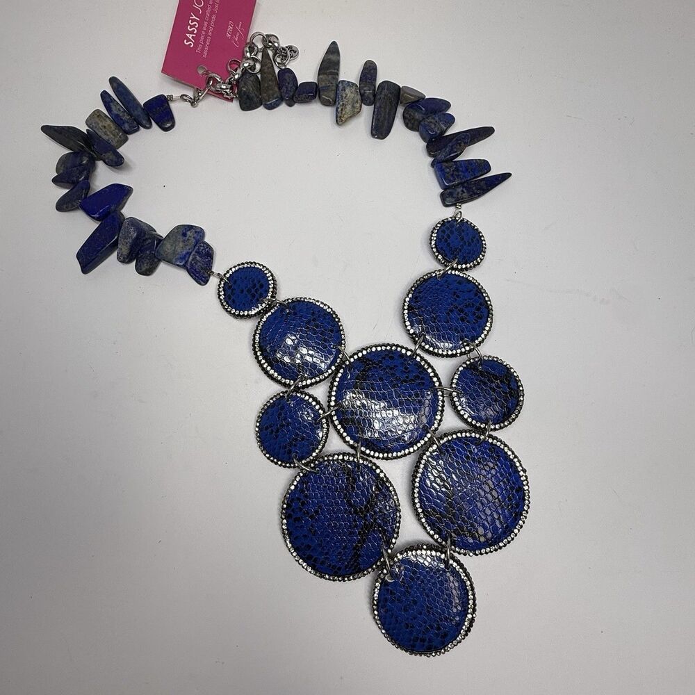 Sassy Jones Tizani Snake Print Natural Stone Royal Blue Statement Bib Necklace - Picture 2 of 7